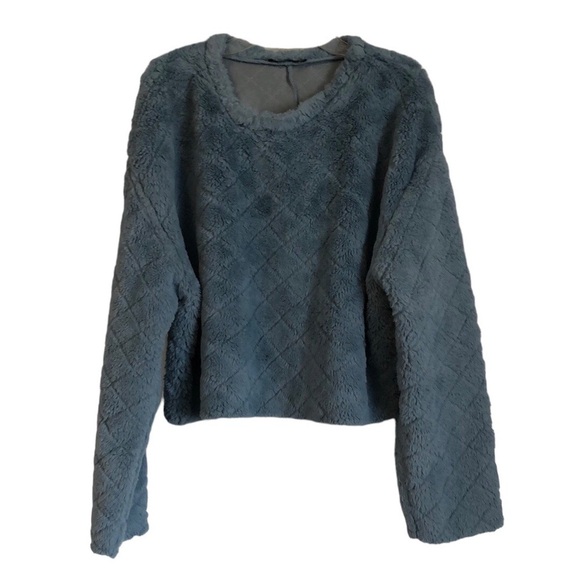 ZARA Womens Cropped Teddy Sweater Sz L Blue Fuzzy Fluffy Cozy Winter Soft Fun - Picture 1 of 6
